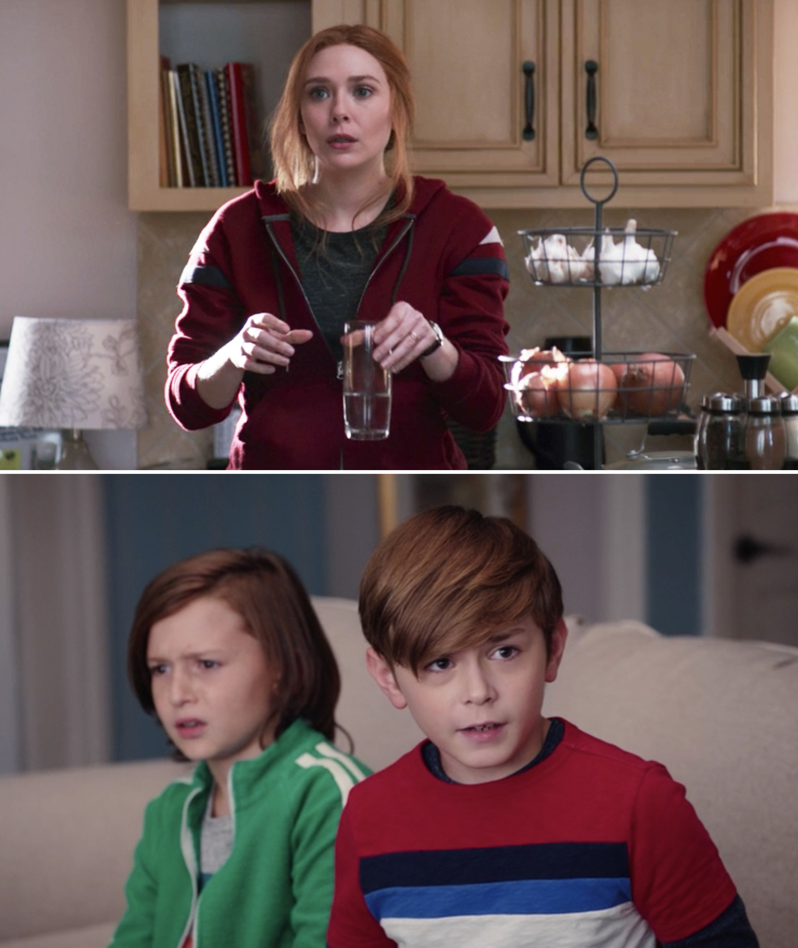 Wanda wearing a red sweatshirt vs. Billy in a red shirt