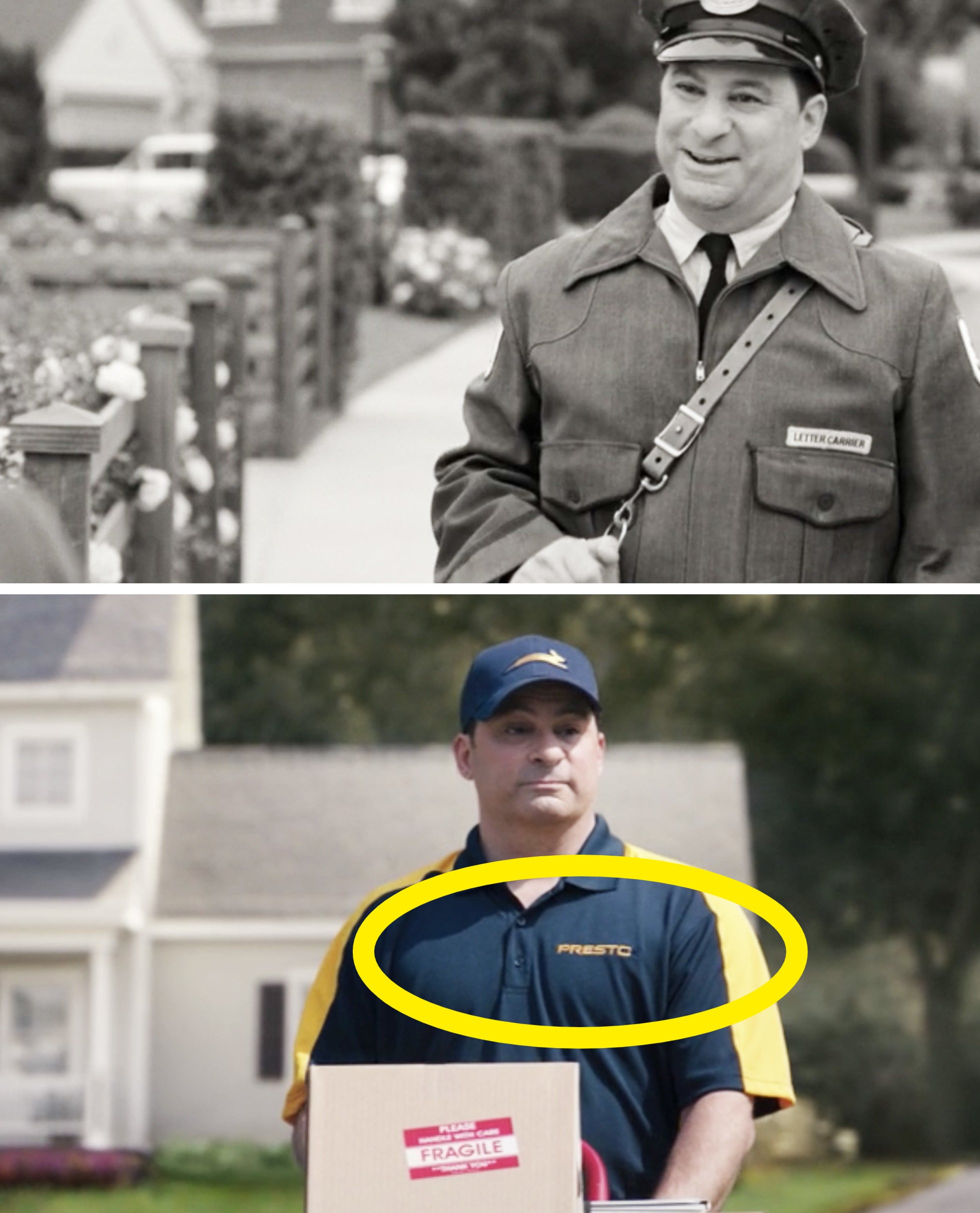 The mailman from Episode 1 vs. the delivery guy wearing a &quot;Presto&quot; shirt in Episode 7