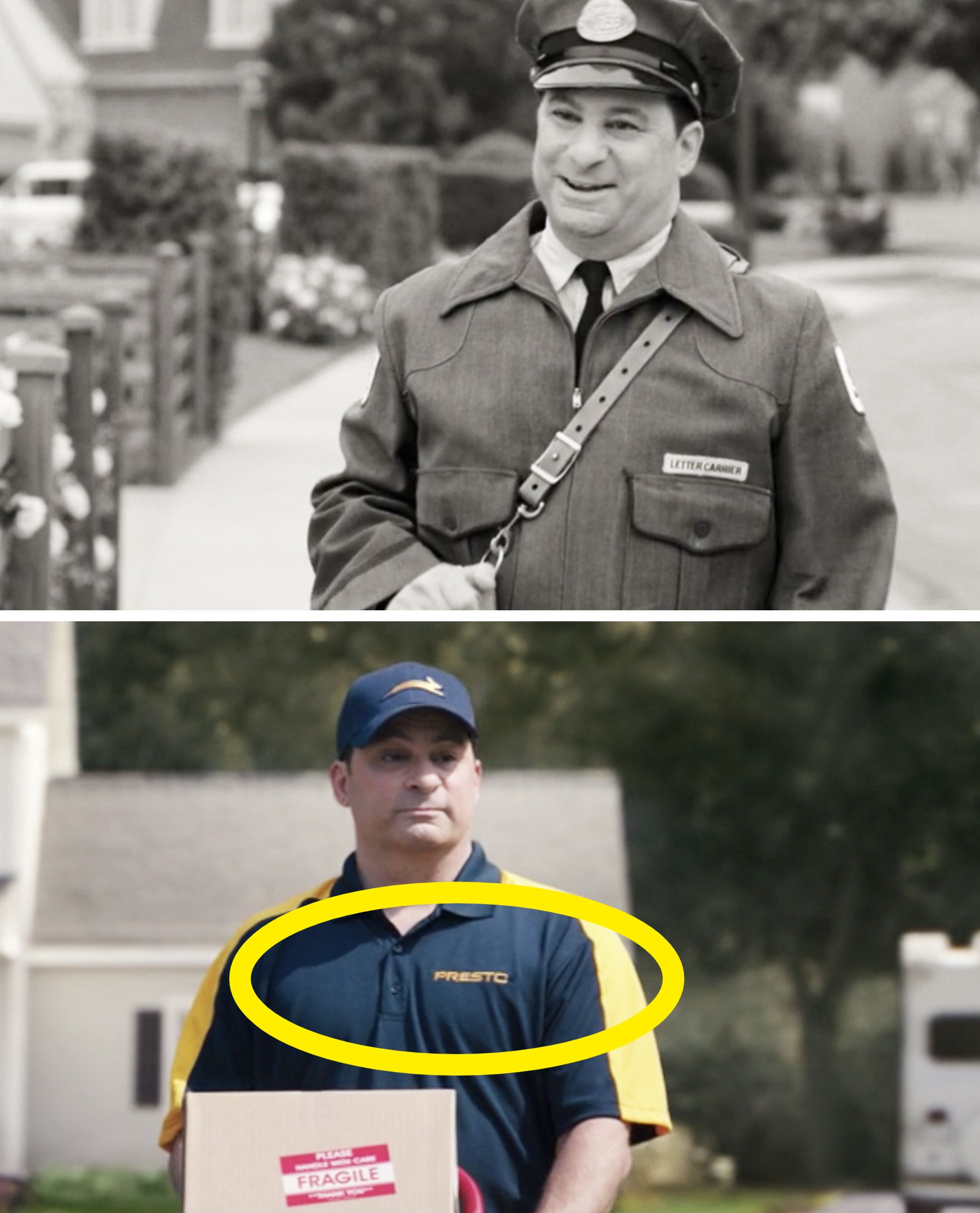 The mailman from Episode 1 vs. the delivery guy wearing a "Presto" shirt in Episode 7