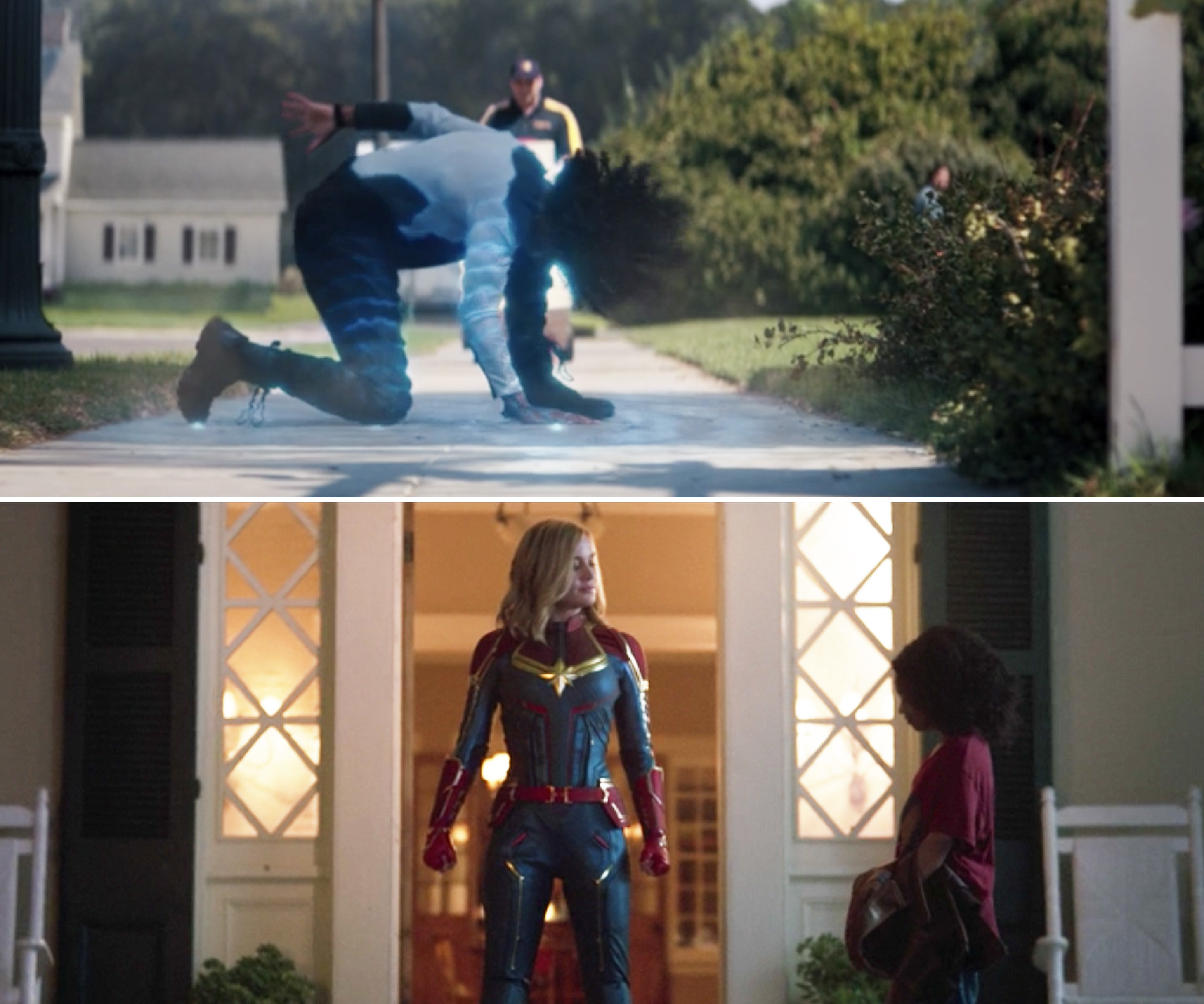 Monica glowing while kneeling on the pavement vs. young Monica talking to Carol Danvers