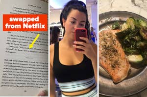 The author reading a book; the author; a dinner plate of salmon