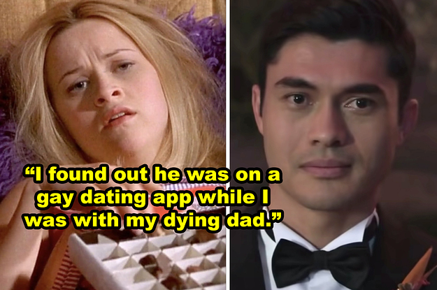 Side-by-side of a crying Elle Woods and Henry Golding's character in