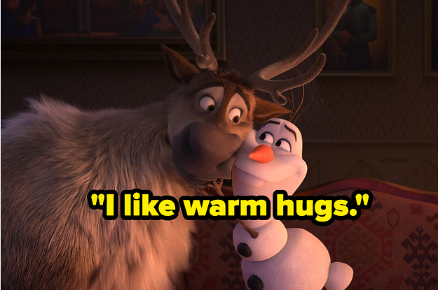 i like warm hugs with picture of olaf hugging kristoff's reindeer