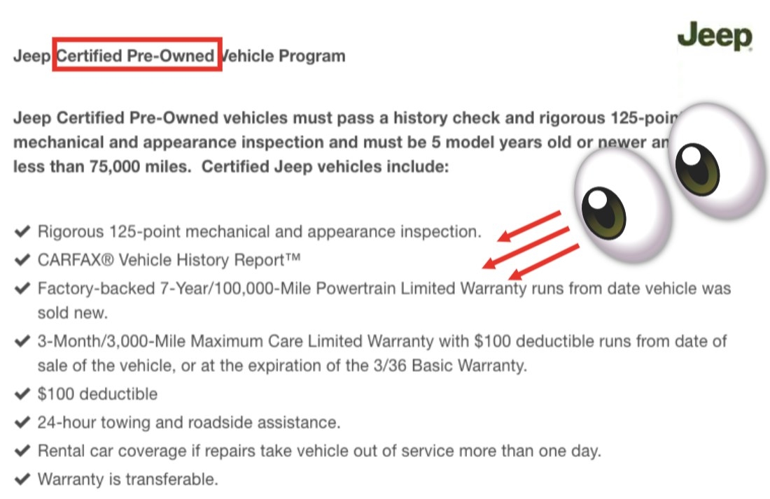 Screenshot of features included in a certified pre-owned car, including 125-point inspection, vehicle history report, and extended warranty