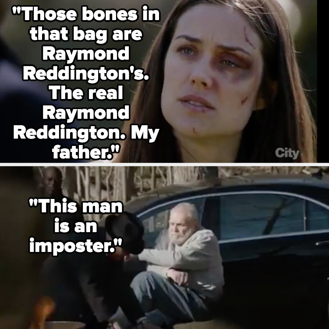 Liz says &quot;Those bones in that bag are Raymond Reddington&#x27;s. The real Raymond Reddington. My father....this man is an imposter&quot; as we see the fake Red burning the real Red&#x27;s bones