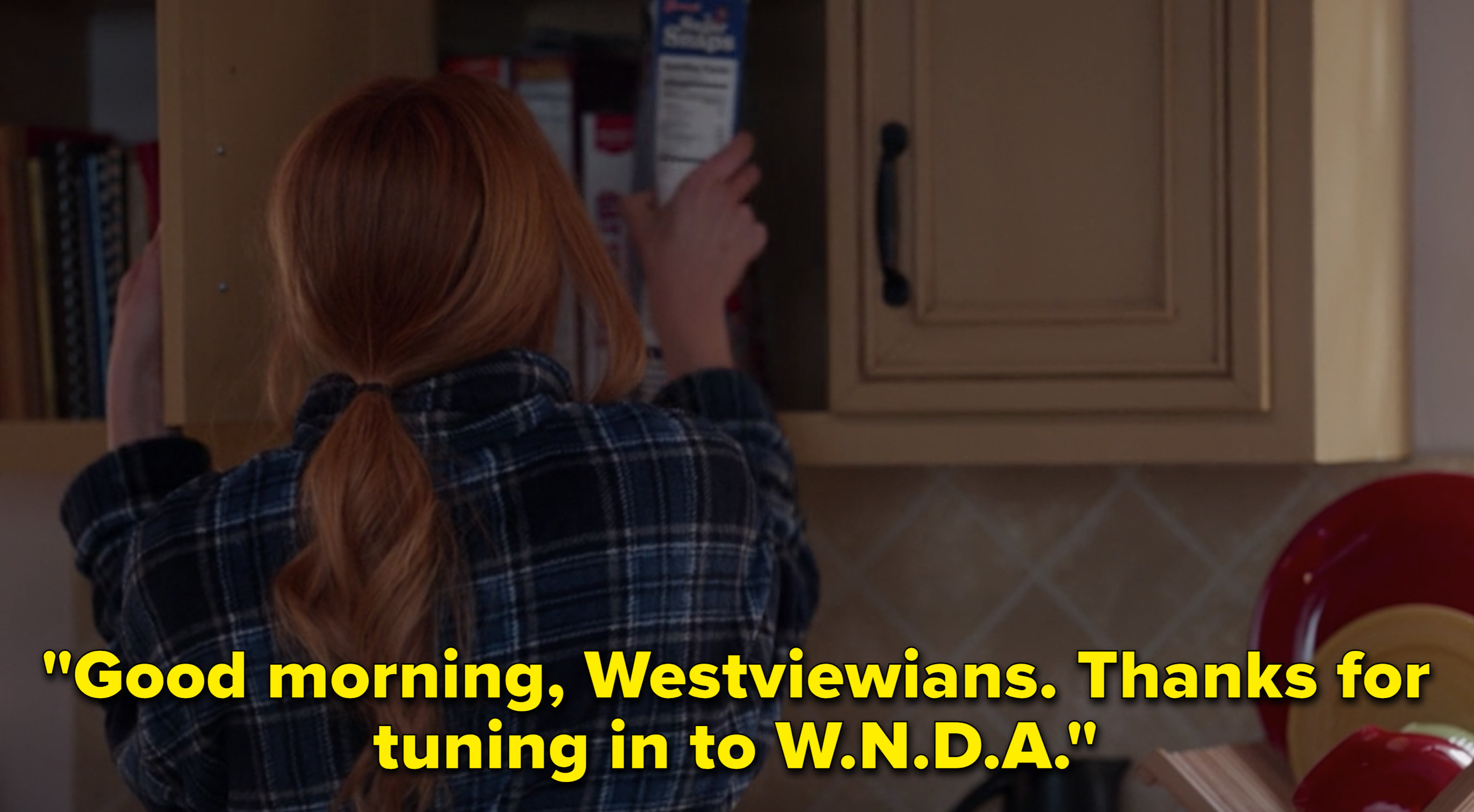 A radio host saying, &quot;Good morning, Westviewians. Thanks for tuning in to W.N.D.A.&quot;