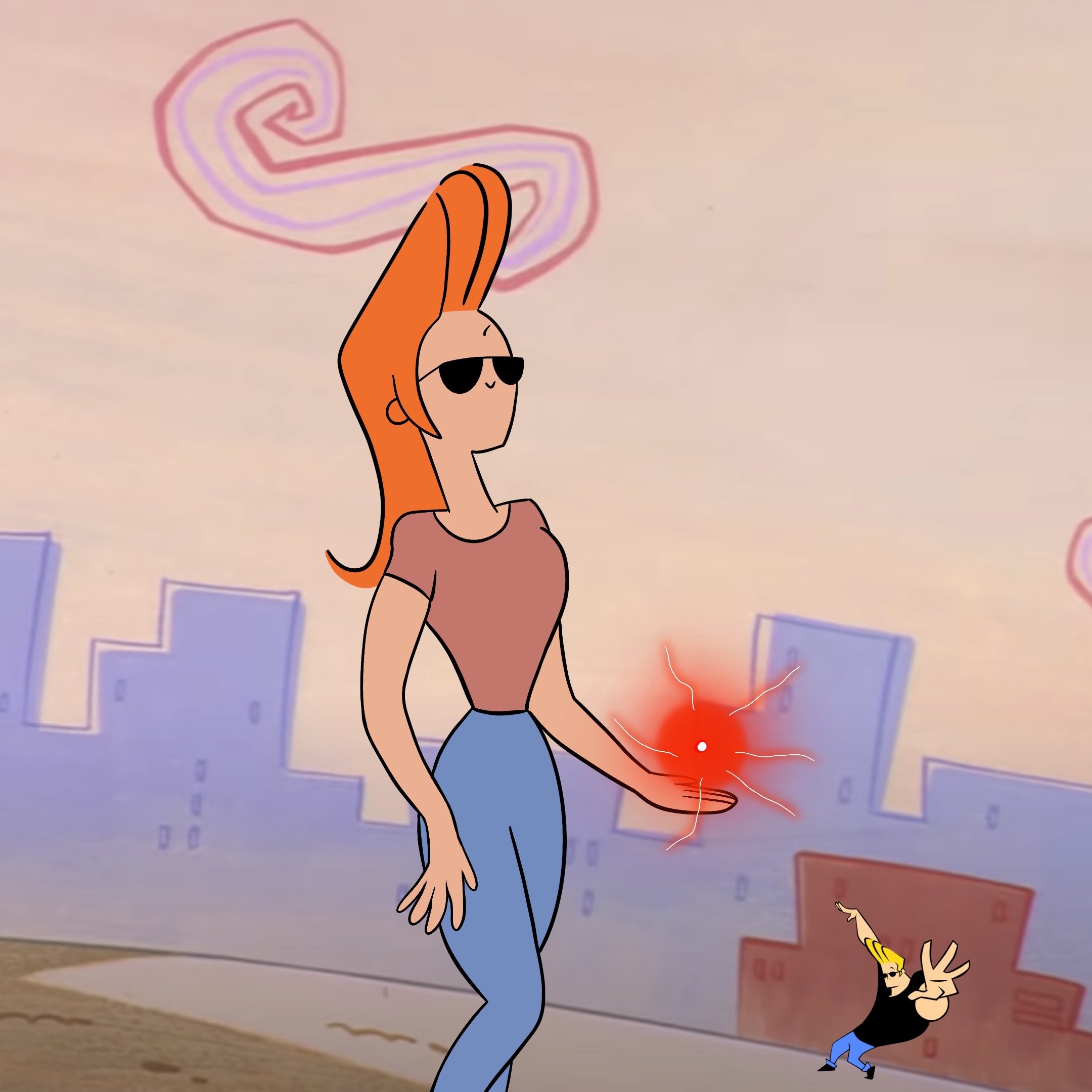 Wanda walks down the street with Johnny Bravo in the distance