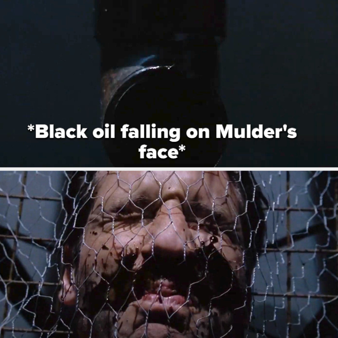 Black oil falling on Mulder&#x27;s face that has wired net over it