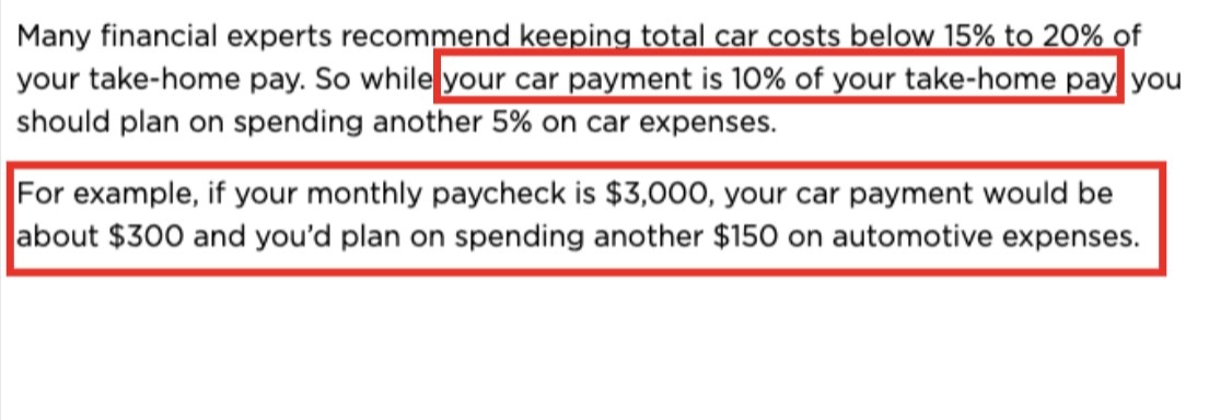 Screenshot showing that your car payment should ideally be 10% of your take-home pay