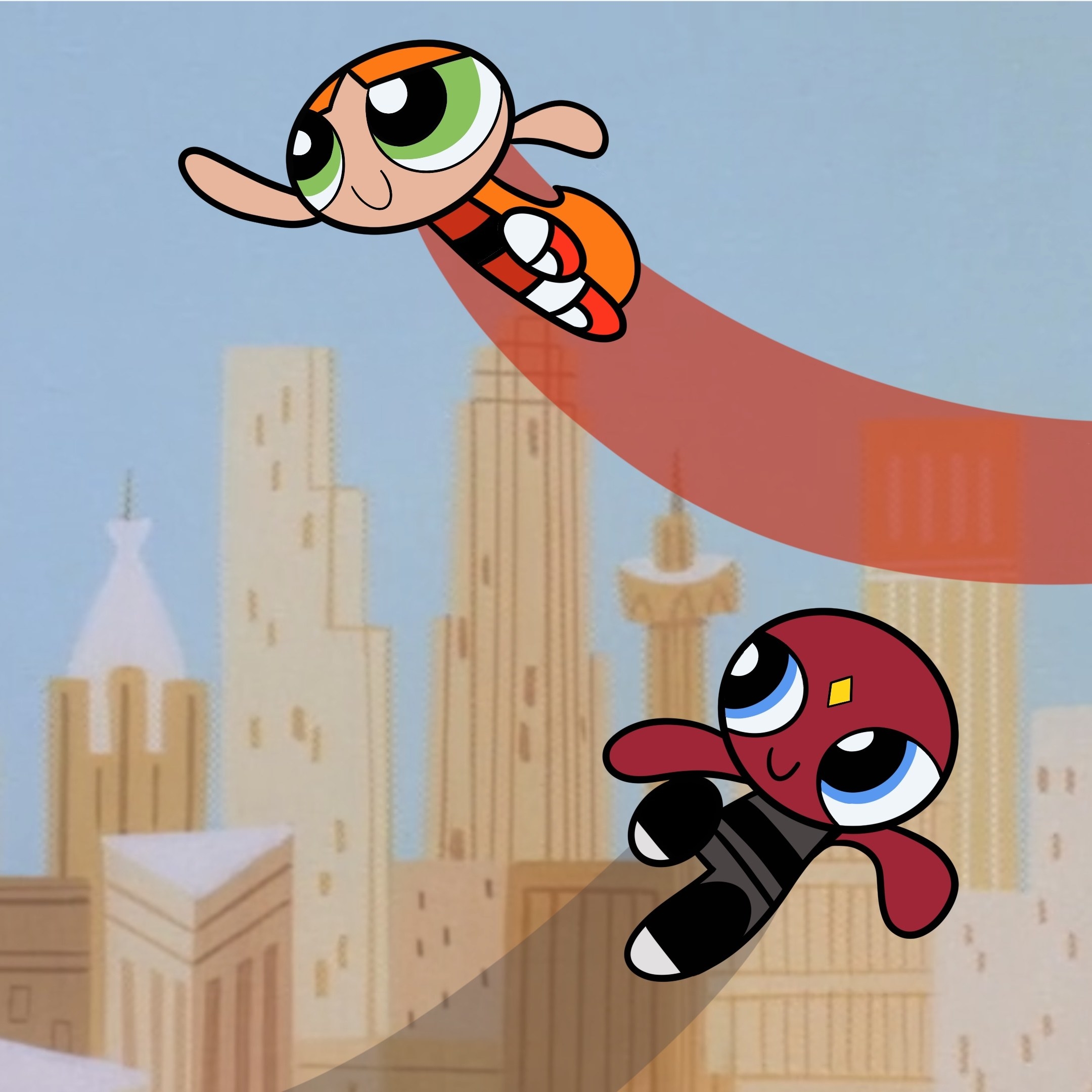 Wanda and Vision drawn in the style of The Powerpuff Girls