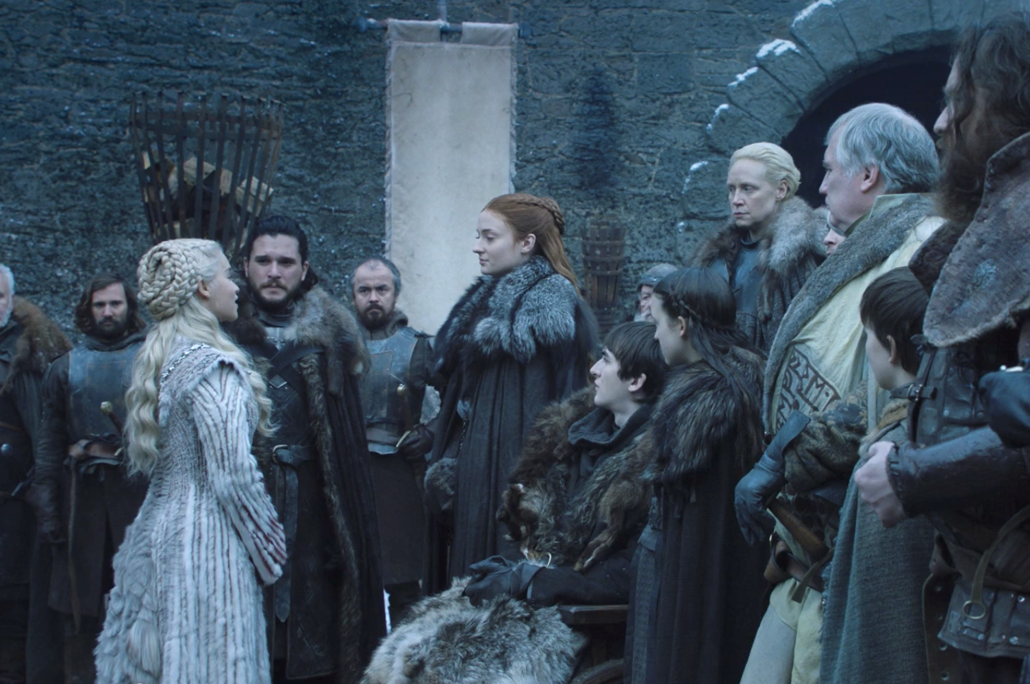 Daenerys, Sansa, Bran, Brienne, Jon, and Arya in Winterfell