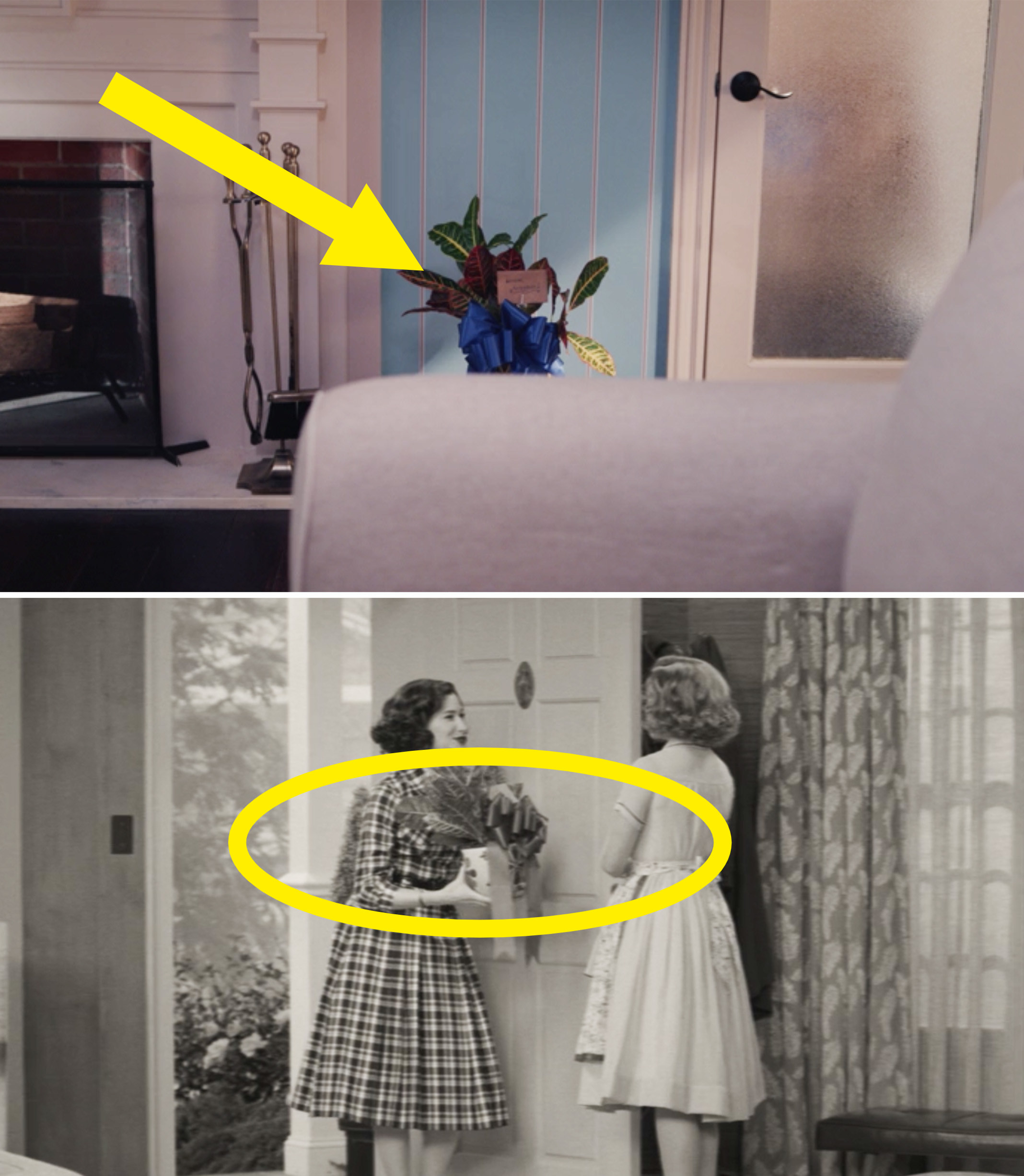 A plant sitting next to Wanda&#x27;s fireplace vs. Agnes bringing Wanda a plant