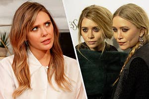 Elizabeth Olsen staring at her twin siblings Mary-Kate and Ashley in confusion