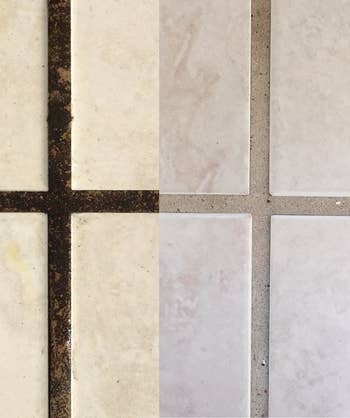 Reviewer's up-close picture of dirty grout next to clean grout