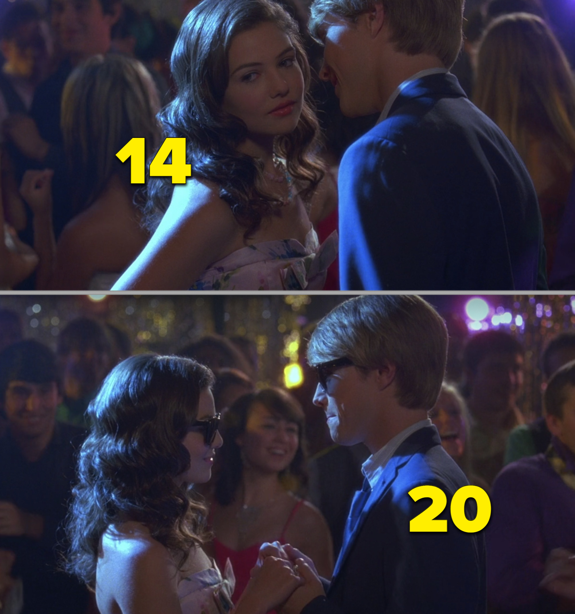 The two actors slow dancing and almost kissing at a school dance