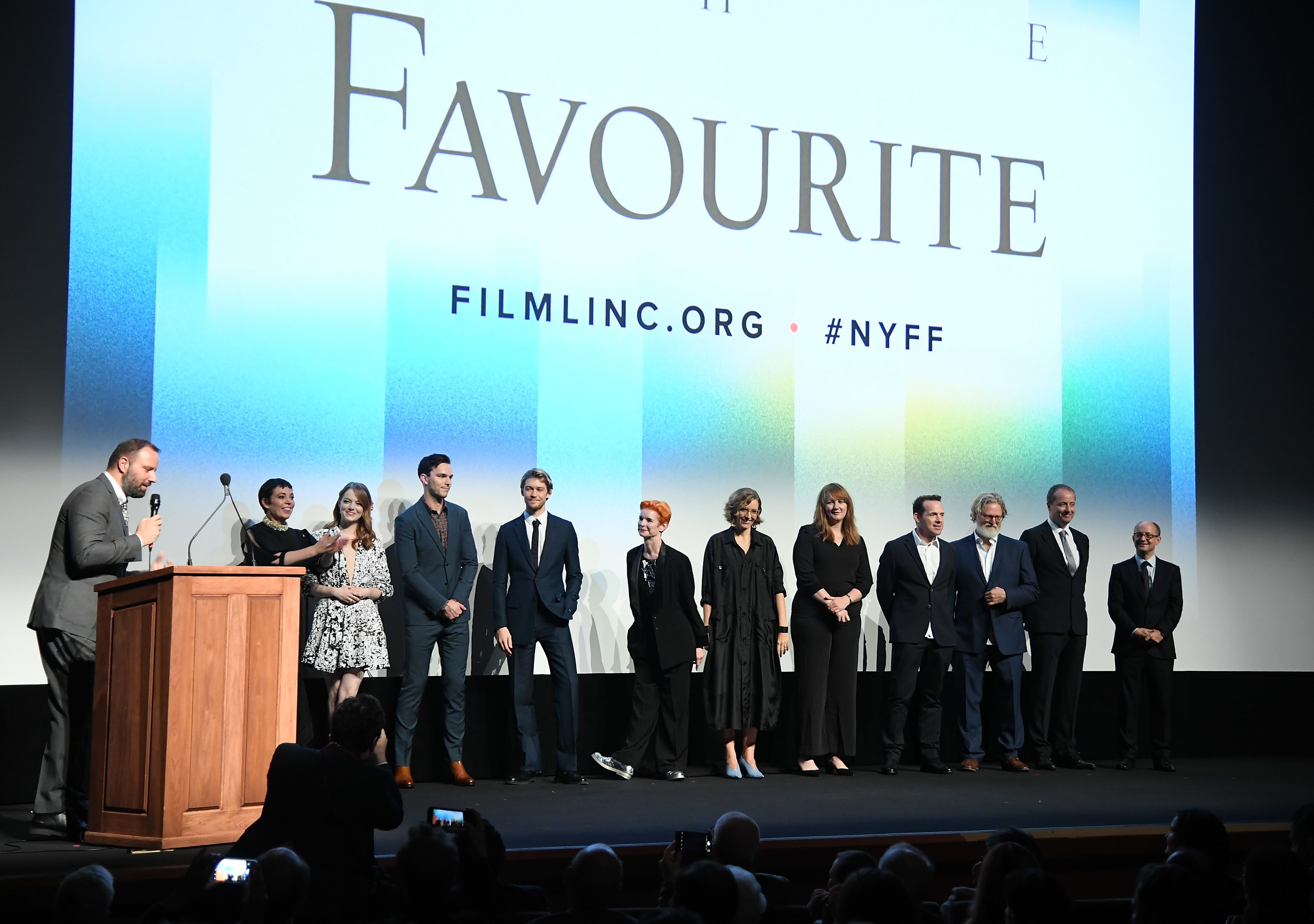 The cast of The Favourite standing on stage