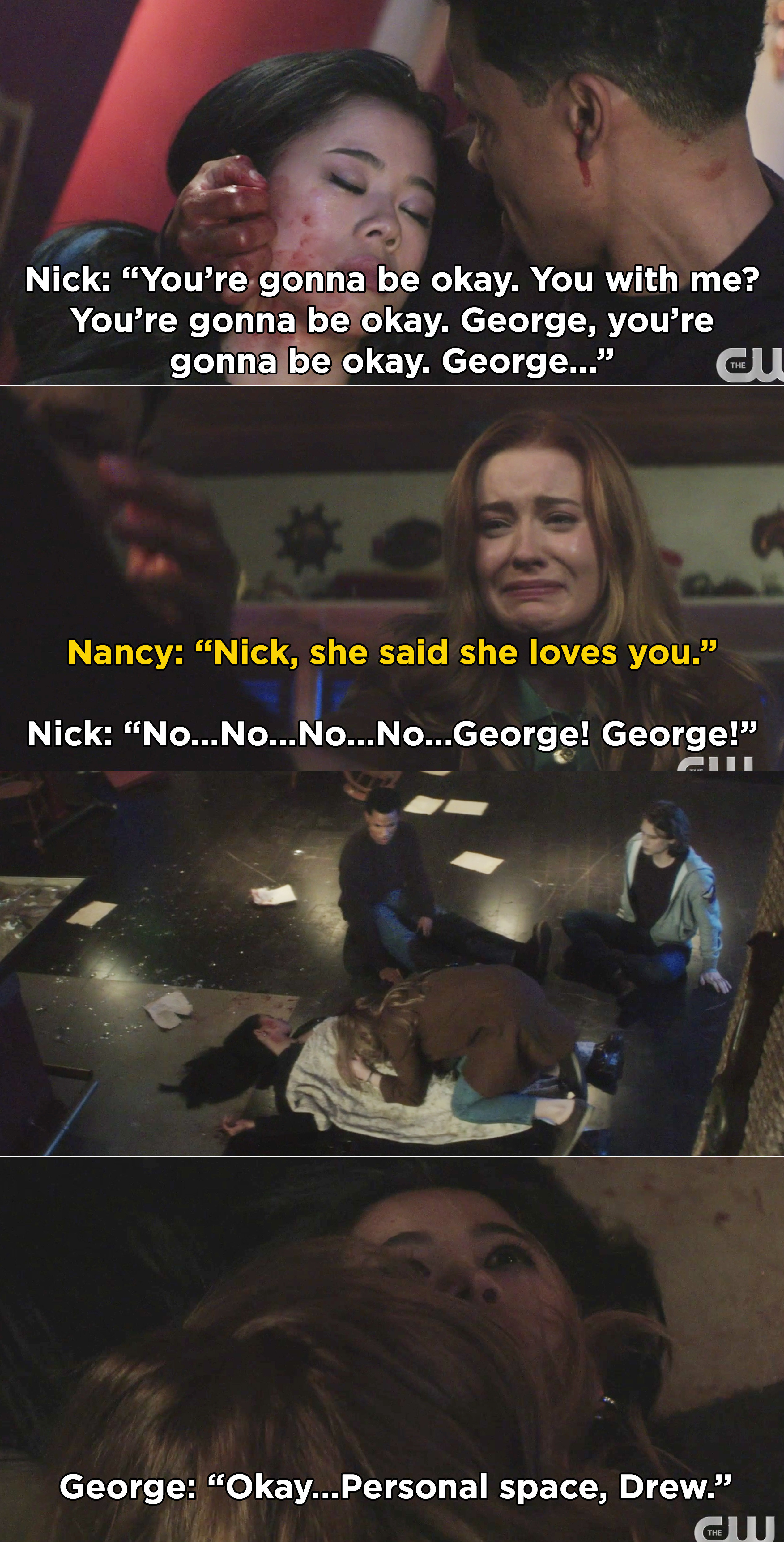 Nick pleading with George to wake up and Nancy weeping over George&#x27;s body before she wakes up