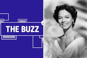 Splitscreen of purple graphic with THE BUZZ in white letters on the left side and a headshot of Dorothy Dandridge on the right side (CREDIT: GETTY)