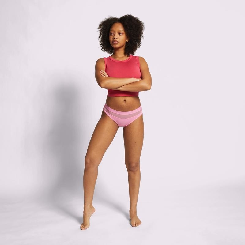 Model wearing baby pink underwear that has a mesh panel