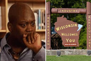 Titus Burgess looking shocked, and the "Wisconsin Welcomes You" sign