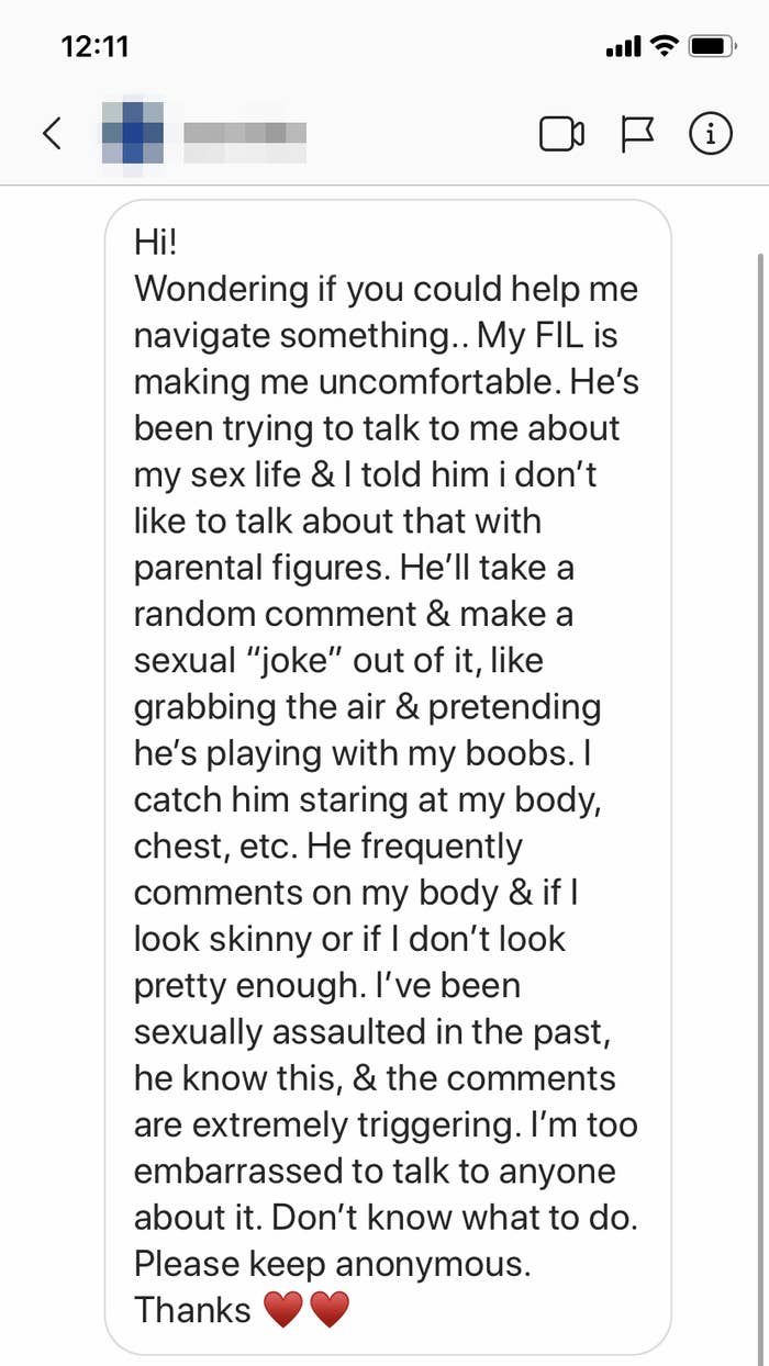 Screenshot of an Instagram DM. A woman is being sexually harassed by her father-in-law — what should she do?