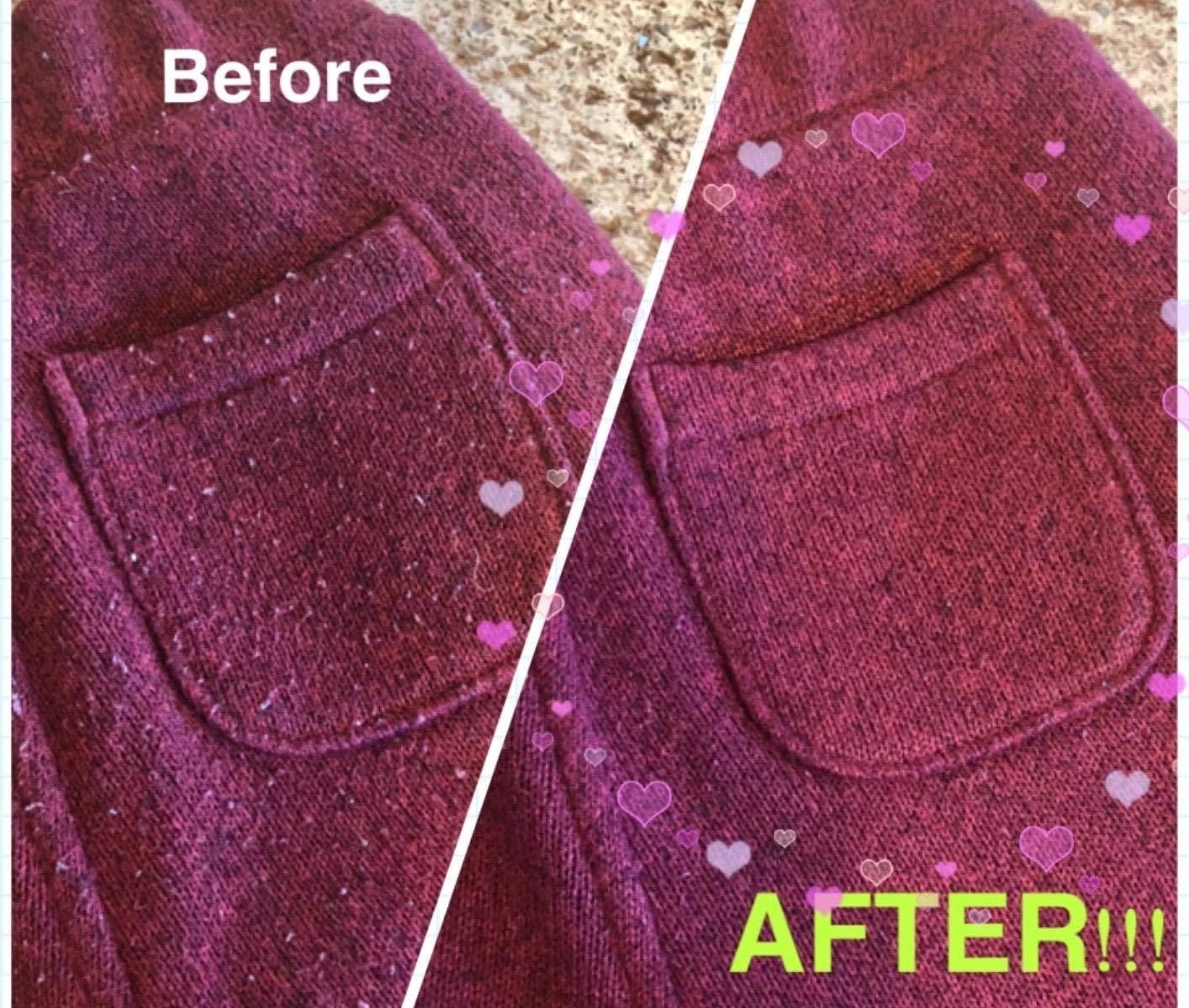 A split reviewer image of a pilled sweater with text that reads "Before" on the left, and the same sweat without visible pilling with text that reads "After!!!" on the right