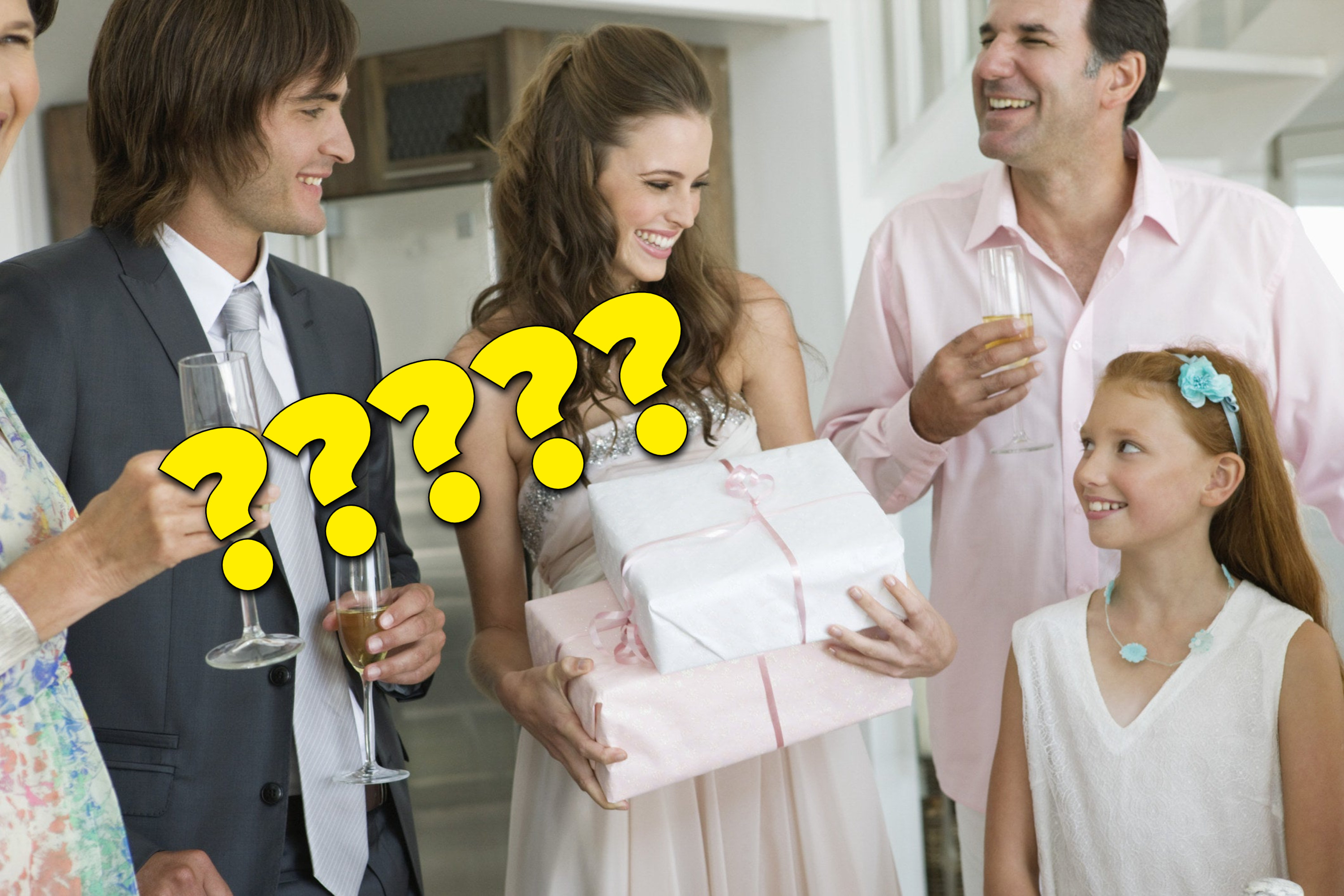 A bride accepts gifts at a wedding party