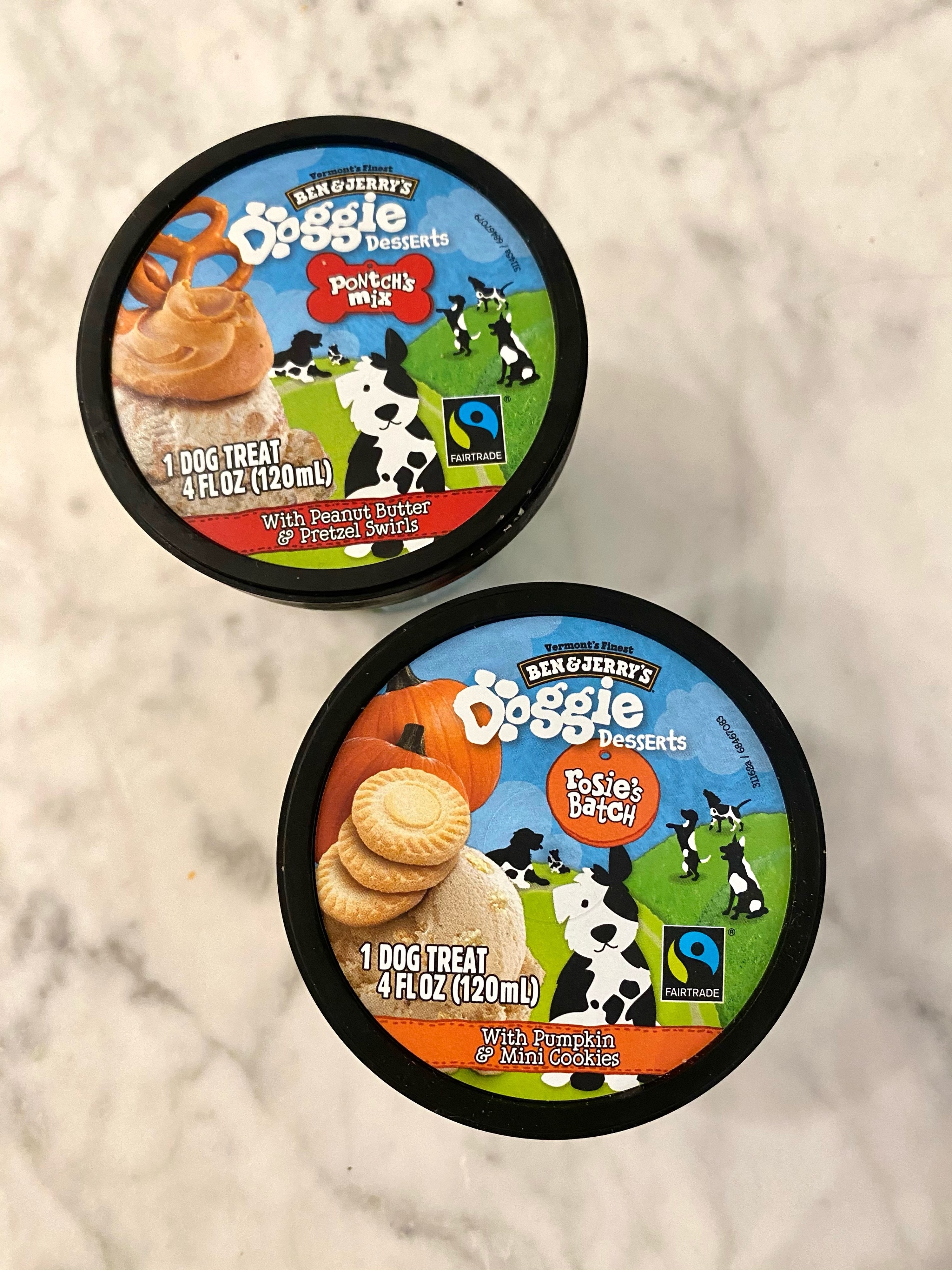Two flavors of Ben &amp;amp; Jerry&#x27;s doggy desserts.