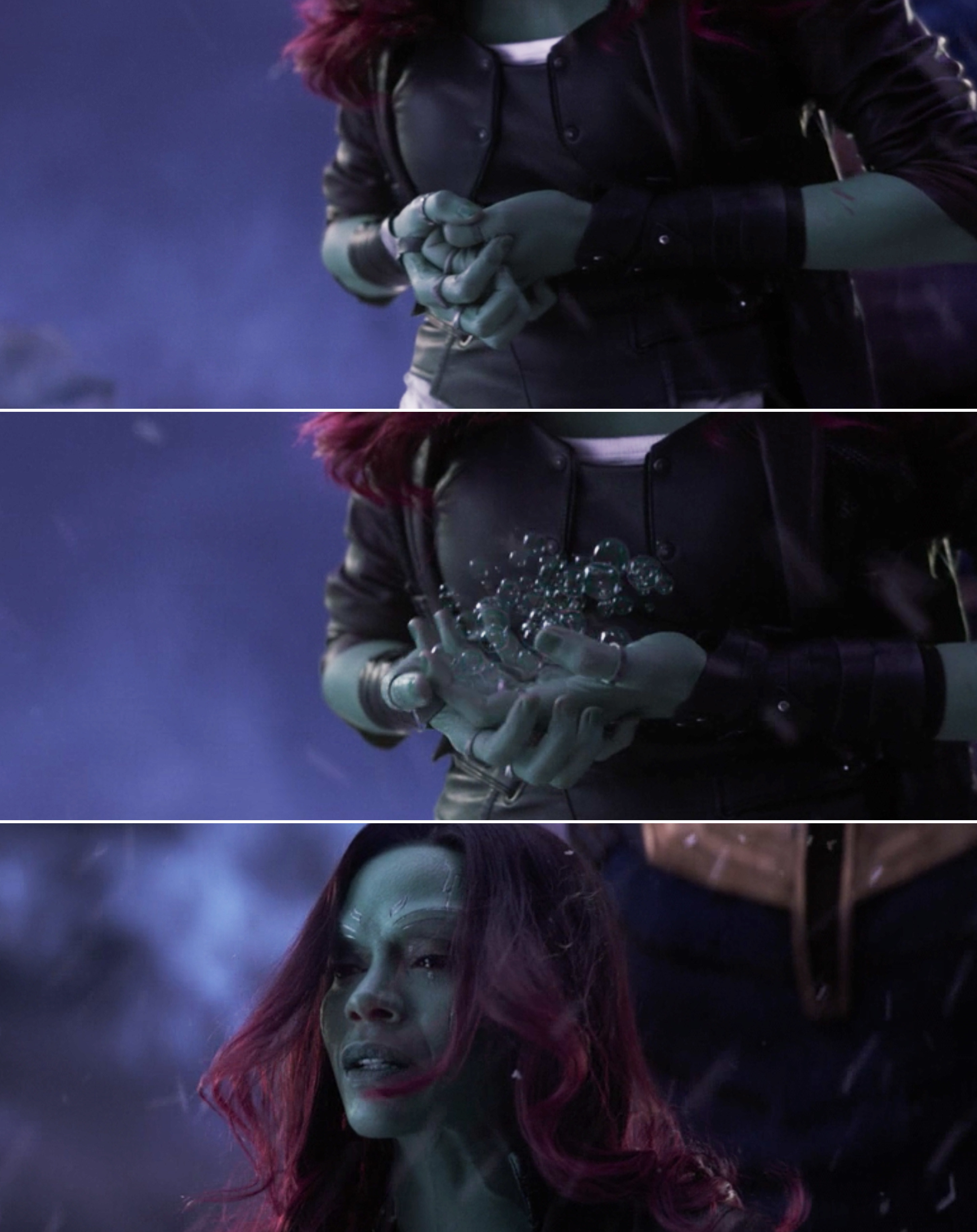 The knife Gamora is holding turning to bubbles and Gamora looking up and crying