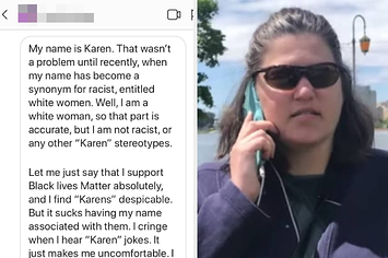 Screenshot of an Instagram DM next to a stereotypical "Karen"