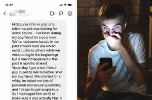 Screenshot of an Instagram DM next to a man texting