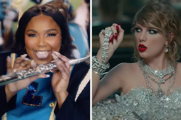 Lizzo is on the left playing a flute with Taylor Swift on the right holding diamonds