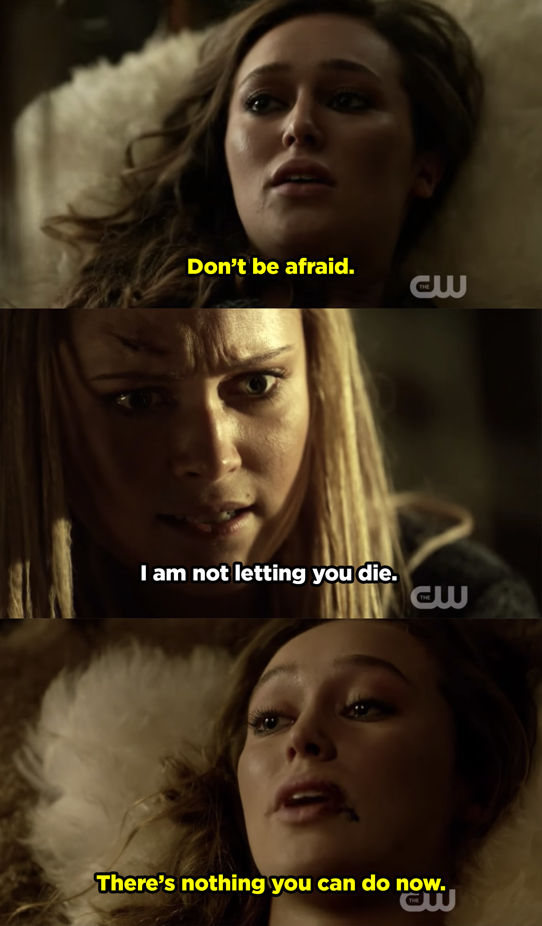Clarke trying to save Lexa, but Lexa telling her not to be afraid because there&#x27;s nothing else she can do. 