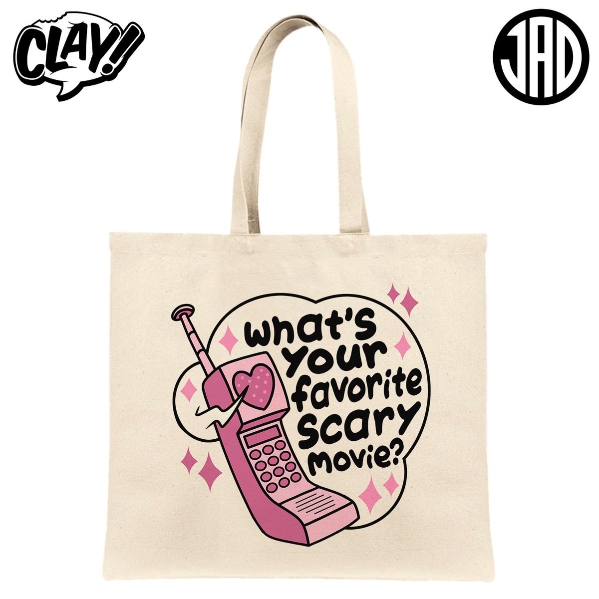 tote bag with a pink phone on it with a speech bubble saying &quot;what&#x27;s your favorite scary movie?&quot;