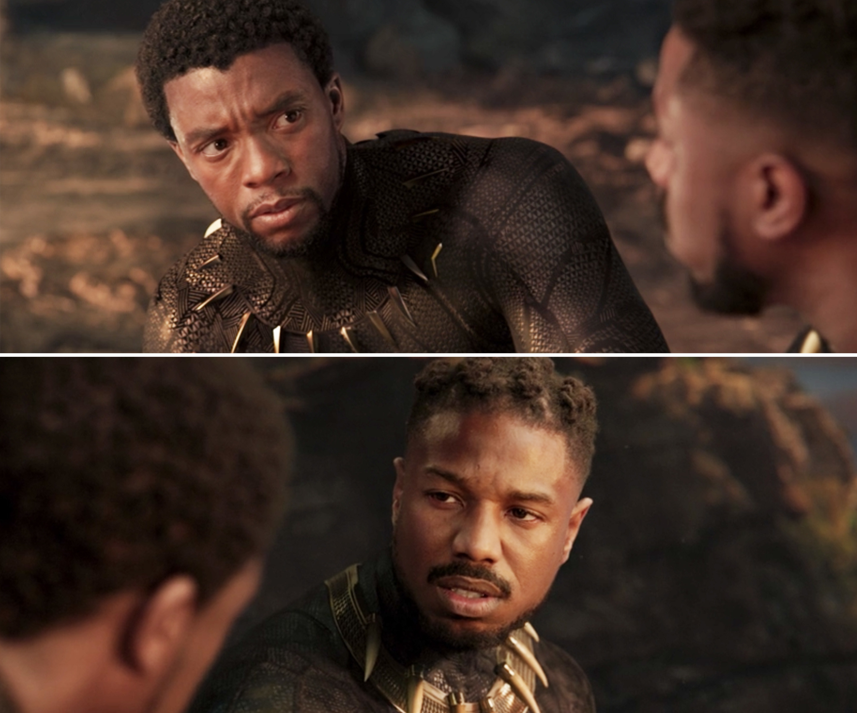 T&#x27;Challa and Killmonger sitting next to each other and talking