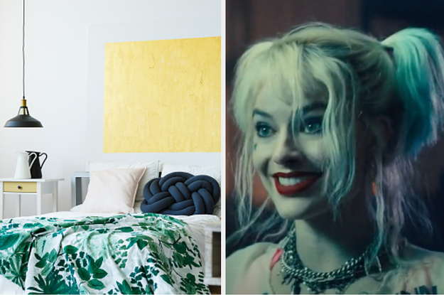 A room is decorated on the left with Harley Quinn looking surprised on the right