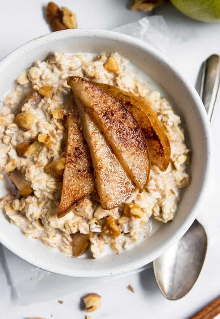 Overnight oats with pear, walnut, and cinnamon.