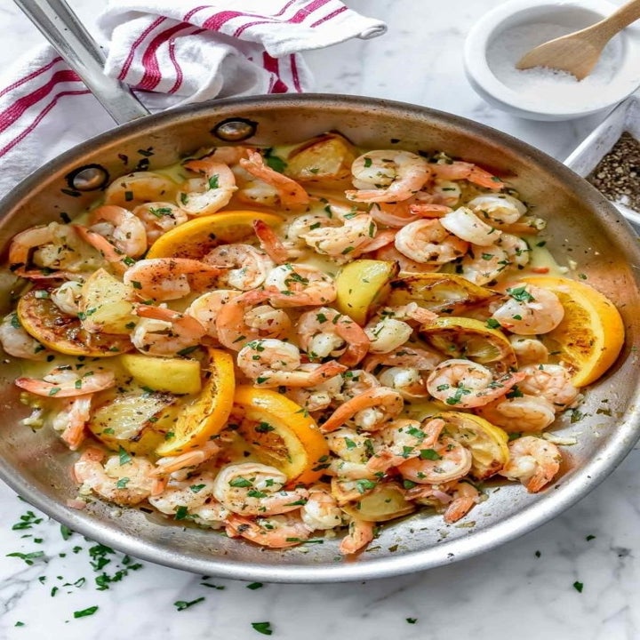 A shrimp and citrus skillet.