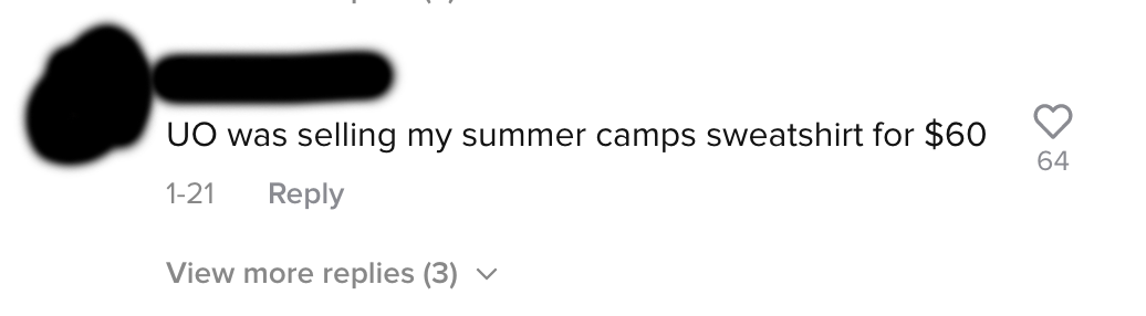 A commenter said UO was selling my summer camps sweatshirt for $60