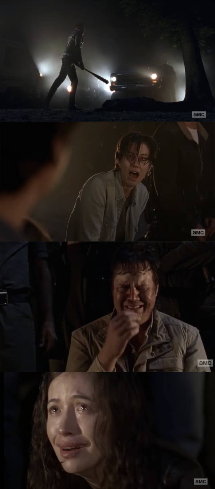 Negan beating Glenn with a bat while his friends and family watch in horror. 