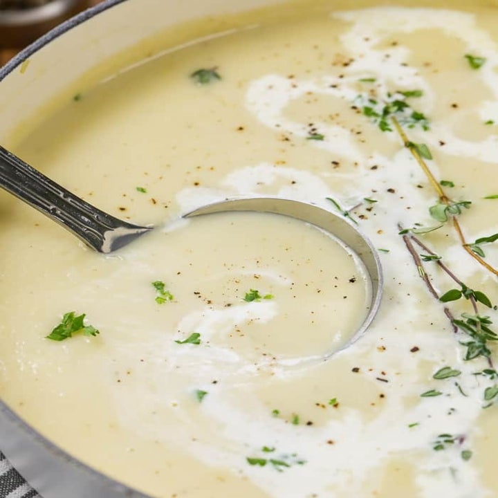 Creamy potato leek soup with fresh herbs.