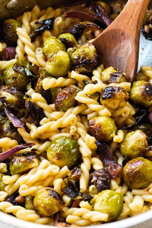 Roasted Vegetable Pasta With Pancetta and Brussels sprouts.