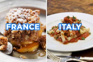 On the left, a slice of apple crisp labeled "France," and on the right, some ziti with tomato sauce labeled "Italy"
