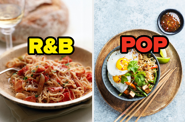 A plate of spaghetti is on the left labeled,