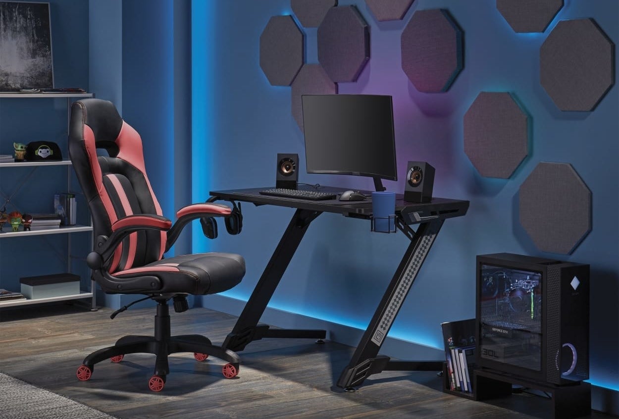 a red and black gaming chair