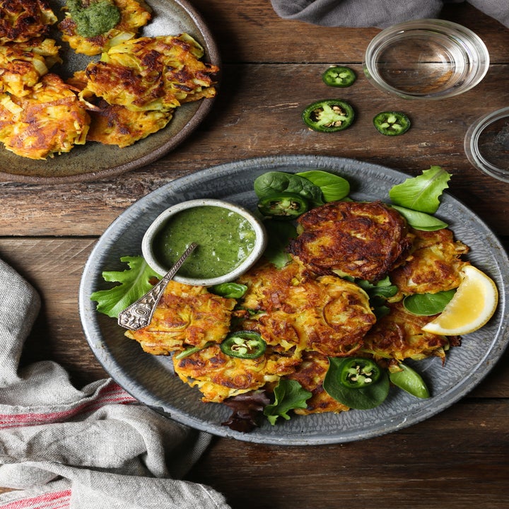 Parsnip and leek fritters on a salad.