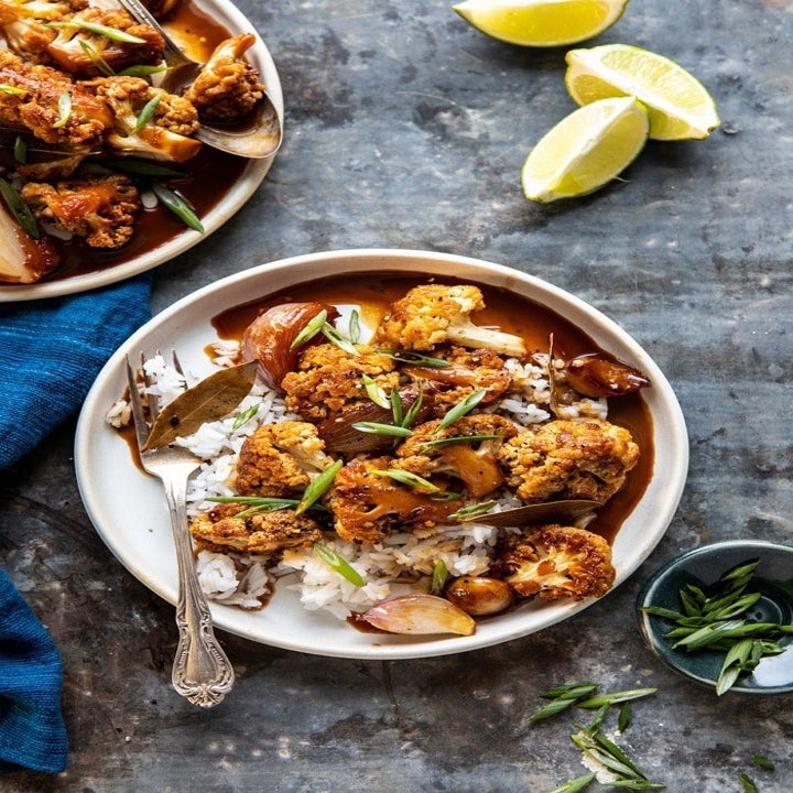 Cauliflower adobo over rice.