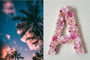 A ground view of a sunset sky with clouds surrounded by palm trees and the letter "A" made of flowers.