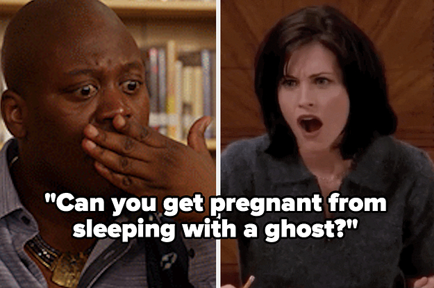 Titus from "Unbreakable Kimmy Schmidt" and Monica from "Friends" with the words "Can you get pregnant from sleeping with a ghost?"
