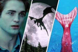 Edward from Twilight,  a dragon, and a mermaid tail